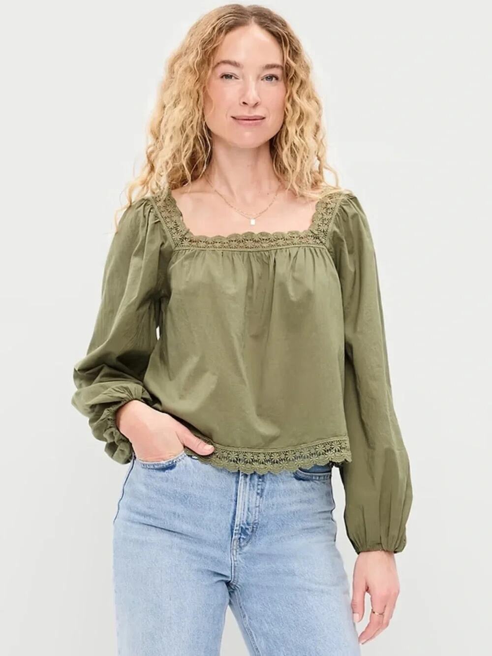NWT Old Navy Womens S Square Neck Crocheted Lace Trim Top Olive Green Cropped